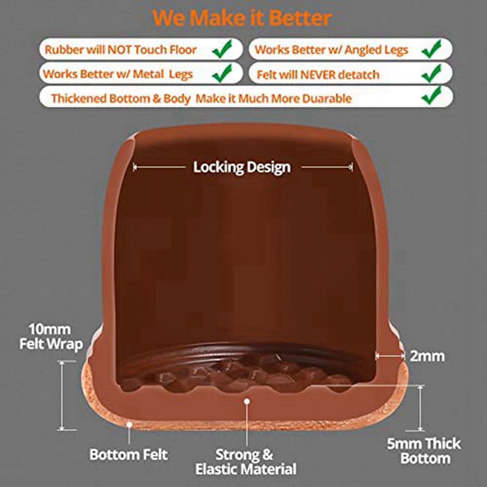 80 Pcs Brown Silicone Chair Leg Floor Protectors, Square Chair Leg Caps with Wrapped Felt, Fit: 0.75 Inch-1.0 Inch