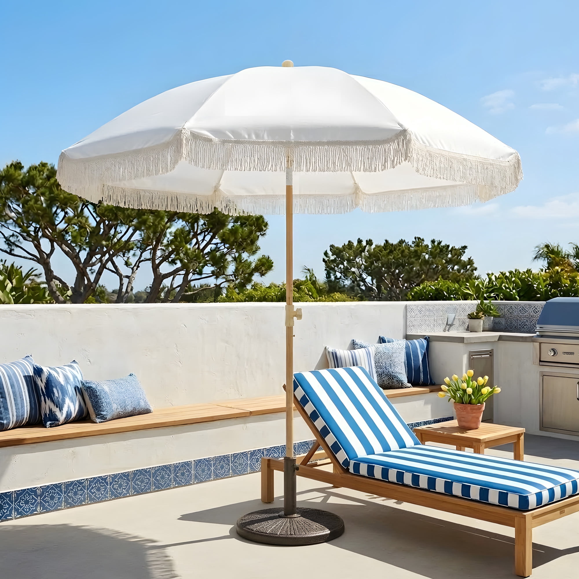 7FT Boho Patio Umbrella with Fringe, UPF50+ Outdoor Umbrella with Fiberglass Ribs and Push Button Tilt, Tassels Umbrella for Beach, Terrace, Picnic