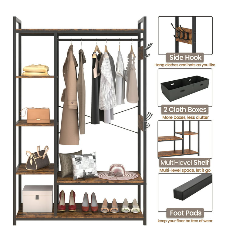 Dropship JHX Free-Standing Closet Organizer With Storage Box & Side Hook;  Portable Garment Rack With 6 Shelves And Hanging Rod; Black Metal  Frame&Rustic Board Finish; Hanging Closet Shelves (Rustic Brown). to Sell