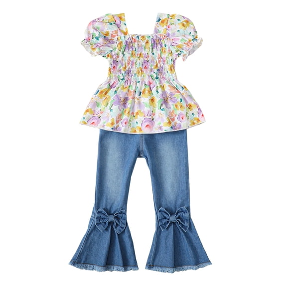 4T Baby Girls Clothes 5T Girls 2PCS Denim Outfits Set Square Neckline Toddler Girls Short Sleeve Floral Top Denim Pants Set