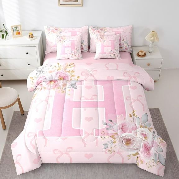 Erosebridal Cartoon Letter Bowknot Bedding Sets Twin Size,Pink Flower Comforter Sets with Sheets,Initial Decoration,Reversible,Lightweight,7-Piece
