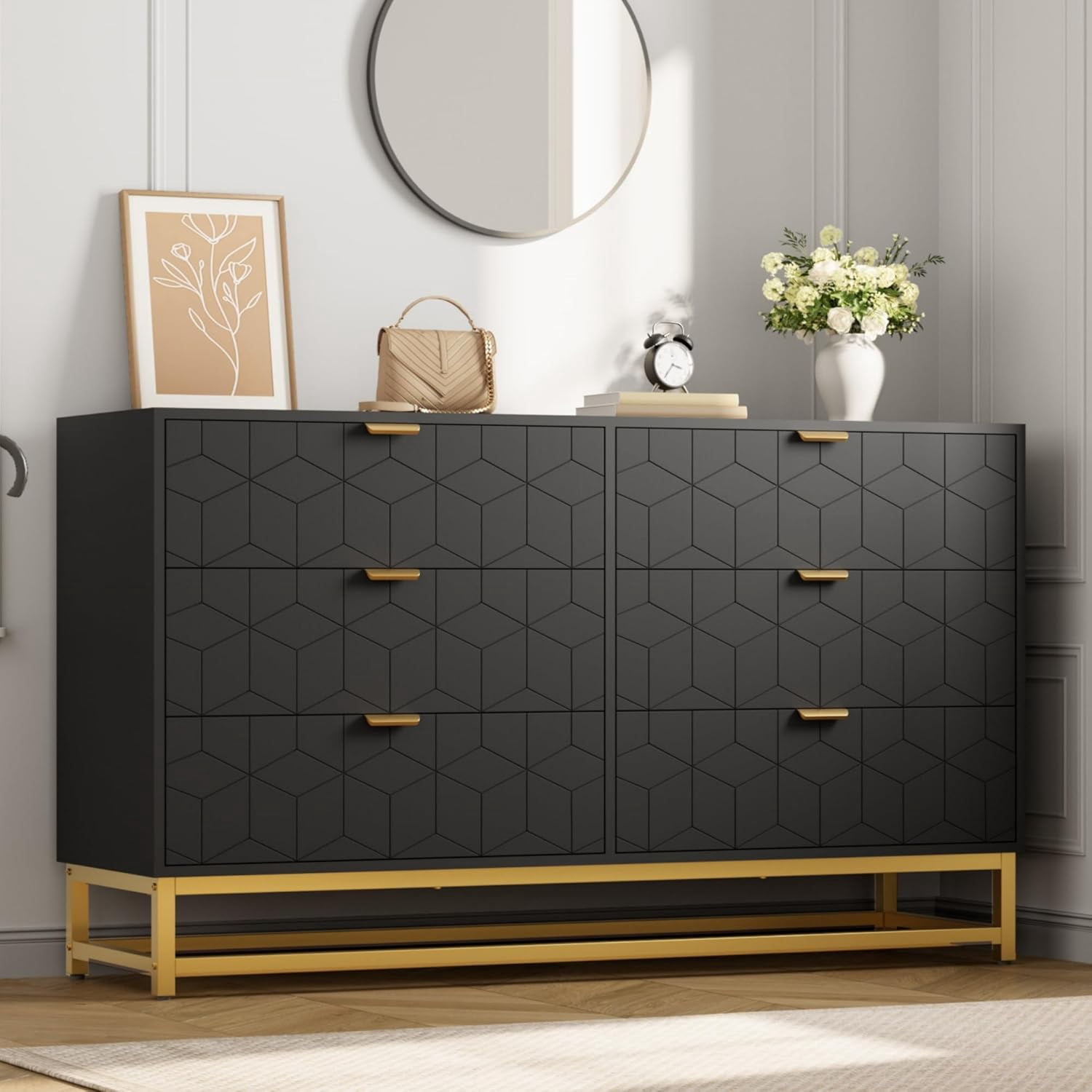 Modern 6-Drawer Dresser with Gold Metal Legs, Black Stylish Storage Chest for Bedroom, Closet or Living Room