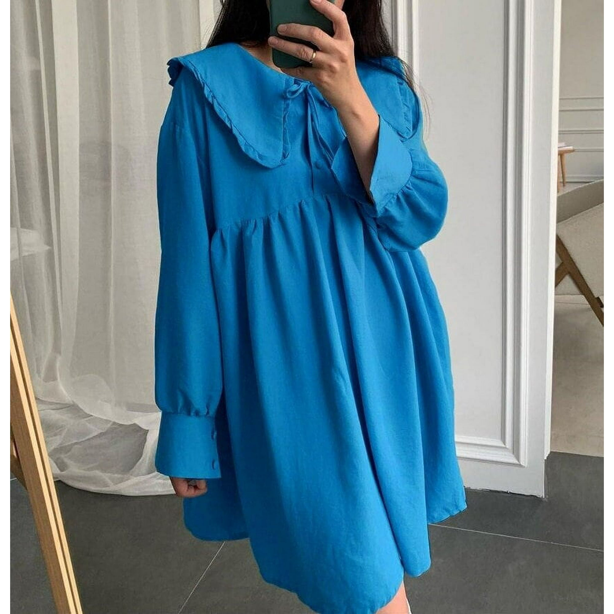 Loose Blue Office Mini Dress Elegant Casual Style Doll Collar Long Sleeve Perfect for Women s Clothes