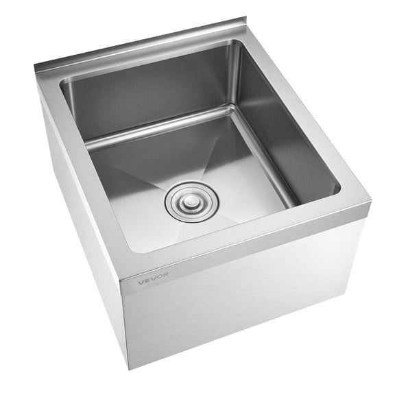 VEVOR Stainless Steel Floor Mop Sink, 22 x 19 x 12 in, 304 Stainless Steel, with Backsplash, 3-in-1 Filter and Wall-Mounted Bracket, X-Shaped Groove for Quick Drainage, for Balcony and Bathroom