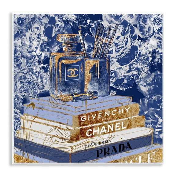 Stupell Industries Contemporary Cosmetics on Books Blue Wall Plaque Art, 12 x 12, by Ziwei Li