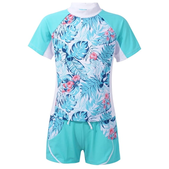 MSemis Girls Boys Floral Short Sleeve Rash Guard Swimsuit Set with UPF 50, 2-Piece, Sizes 4-16 Tropical Leaves 4