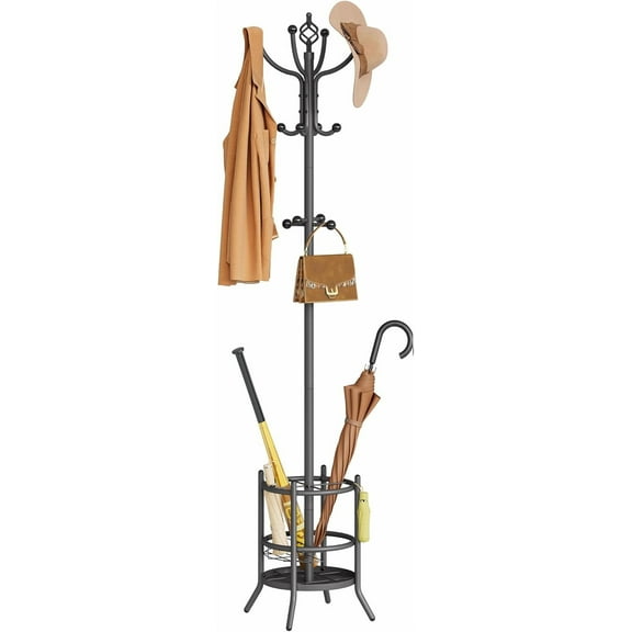 Coat Rack with Umbrella Holder, Coat Tree Freestanding, Coat Rack Stand with 16 Hooks, Coat Stand for Living Room, Bedroom, Office, Grey