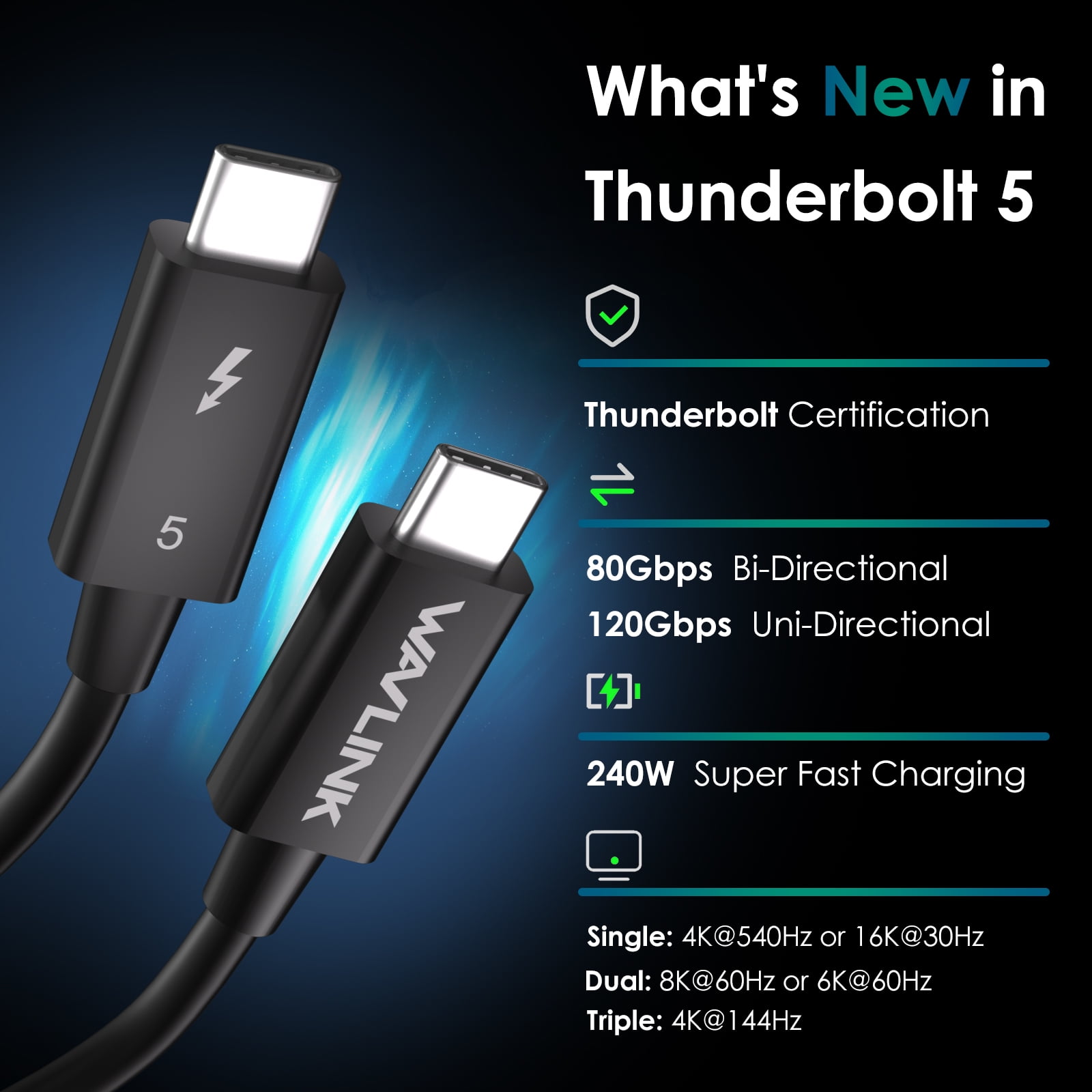 WAVLINK Thunderbolt 5 Cable, 120Gbps Fast Data Transfer and 240W Power Delivery USB-C Cable, 8K/16K Display Support, Backwards Compatible TB4/3/USB4/3, Ideal for Gaming, Laptops, Monitors and Docks