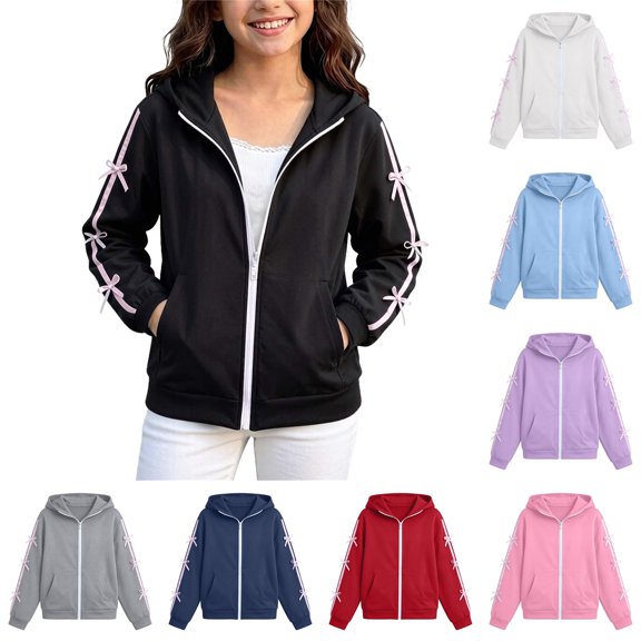 Asxite Toddler Girls Fashion Casual Loose Solid Bow Zip Up Hoodie Long Sleeve Fall Winter