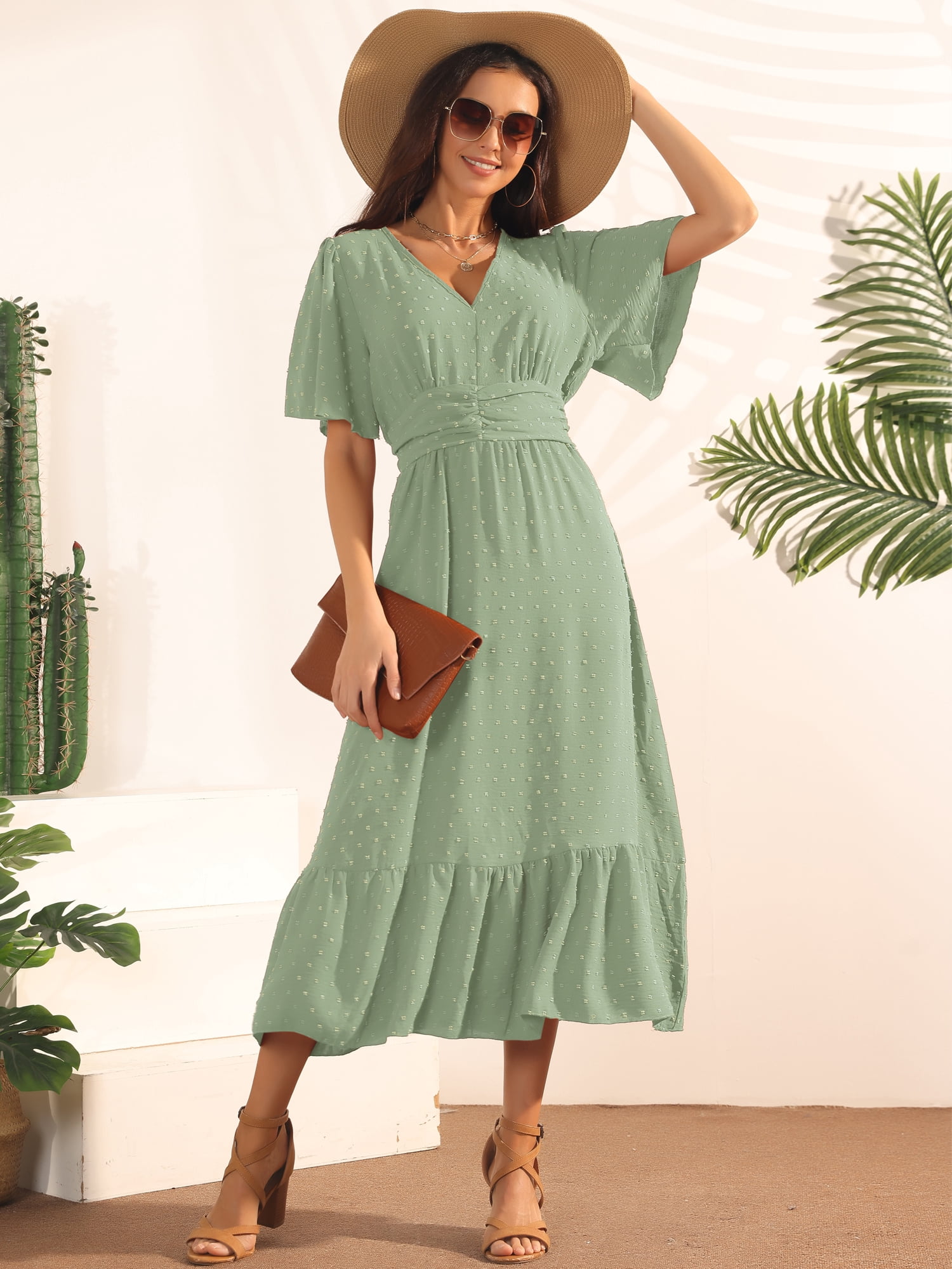 DARING DIVA Women's Swiss Dots Ruffle Midi Dresses L Light Green