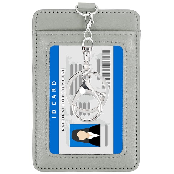 4.7 x 3.2 x 0.2" Leather Badge Holder with Clear ID Window, Front Pocket Vertical Credit Card Holder & Swivel Metal Clasp Keyring for Employees, Staff, College, Light Gray