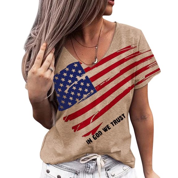 Baqcunre Graphic Tees For Women Womens Independence Day Print V Neck Casual T Shirt Short Sleeved Pullover Loose Top T Shirts For Women Womens Tops Camouflage L