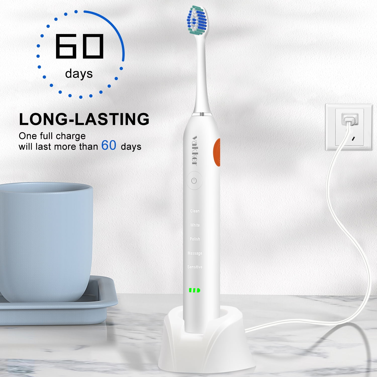 Vakker Sonic Electric Toothbrush for Adult with 6 replace Heads, Rechargeable Toothbrush with Charge Base, IPX7 Waterproof, Compatible with MySmile Toothbrush Head