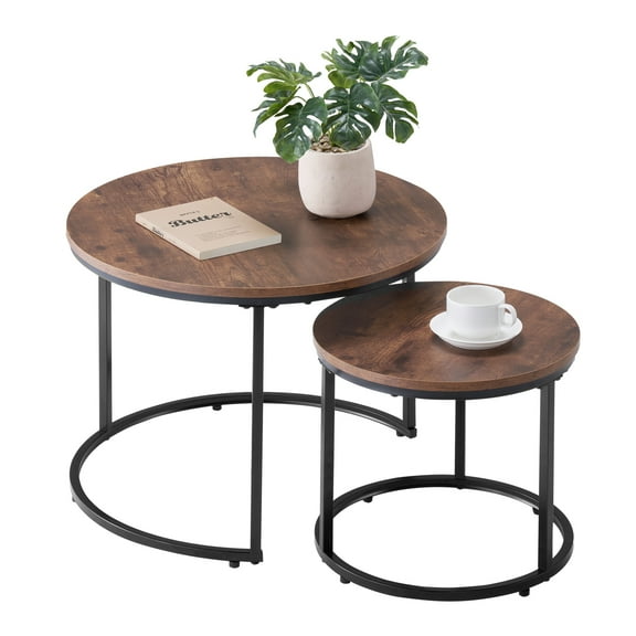 VEVOR Nesting Coffee Table Set of 2, 23.6 in Round Coffee Table,Nesting Tables for Small Place, End Side Tables Night Stand with Metal Frame, for Living Room, Bedroom, Office (Vintage Brown & Black)