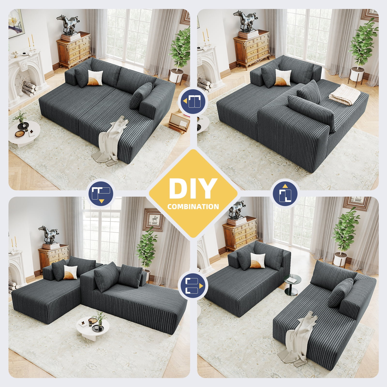 80.3" Oversized Double Lounge Chaise, Boneless Lounge Sofa Bed with 4 Pillows Cloud Loveseat Sleeper Couch for Indoor Living Room