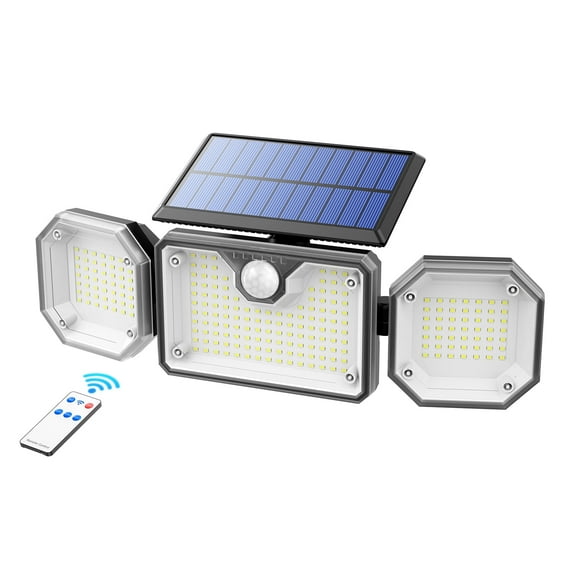 Bchangss Solar Lights Outdoor Lights, Waterproof Motion Sensor Security Lights with Wireless Remote Control, 2500LM 3Heads 230LED Flood Lights for Walkway Patio Garage Yard Entryways