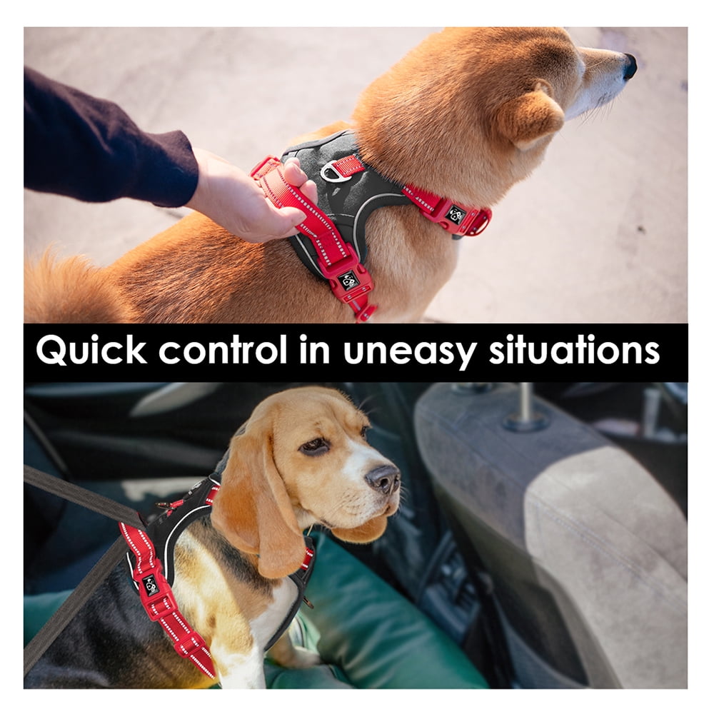 PHOEPET No Pull Dog Harness, Unique Colors Reflective Adjustable Dog Vest, with Soft Training Handle Metal Clips for Small Medium Large Dogs (Black Base & Red Straps)