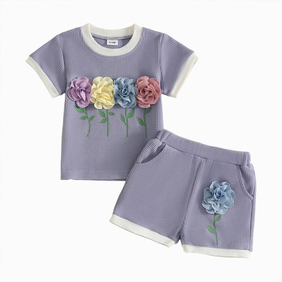 KPOPLK Baby Girl Summer Clothes 2 Piece Short Sleeve Waffle Knit Flower Embroidery with Elastic Waist Shorts Outfits Set 1t 2t 3t 4t 5t 6t(12-18 Months,Blue)