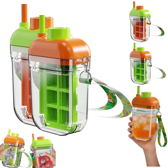 Dailihome 2 in 1 Ice Cube Bottle Cup with Straw, Portable Ice Maker Tray Bottle with Lid and Wrist Strap, Reusable Easy Release Ice Mold for Coffee and Juice