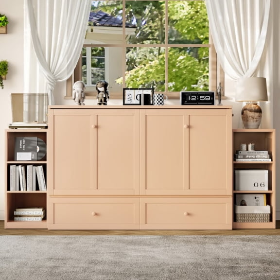 Queen Size Murphy Bed Frame with spacious storage drawers and shelves, Farmhouse Wall Bed Frame Folding into Cabinet Design for Home Office, Bedroom, Guest Room, Mattress Not Included, Golden