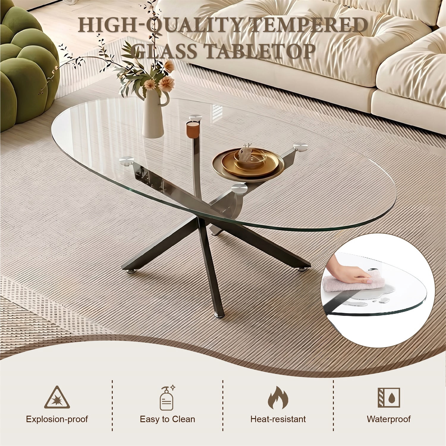 Hommoo Modern Oval Glass Coffee Table with Metal Legs, 39.4" Tempered Glass Living Room Side Table, Minimalist Tea Table for Small Spaces, Black
