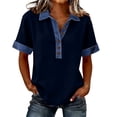 thumbnail image 3 of Soft Loose Fit Tops for Women Short Sleeve Lapel Collar V Neck Shirts Button Front Contrast Denim Cuffs Collar Patchwork Soft Daily Wear Dressy Summer Blouses, #01 Navy, XXL, 3 of 6