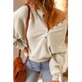 thumbnail image 3 of ABPHQTO Top de punto gofrado con cuello en V y botones a presión beige para mujer, 3 of 5