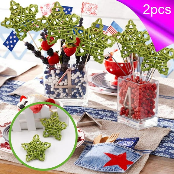 Lilgiuy 2Pcs 4th of July Decorative Star Rattan Decoration, 2.36in Solid Color Rattan Star for Independence Day Memorial Day Home Decor Craft Vase Bowl Filler Table Party Supplies, Green