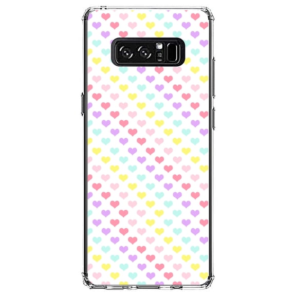 DistinctInk Clear Shockproof Hybrid Case for Samsung Galaxy Note 8 - TPU Bumper, Acrylic Back, Tempered Glass Screen Protector - Rainbow Hearts Diagonal Pattern