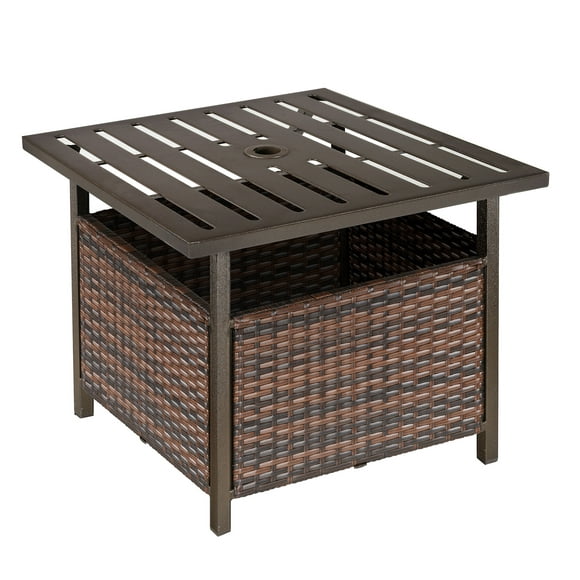 Outsunny 21.75" Outdoor Rattan Wicker Patio Coffee Table with Umbrella Holem, Patio Side Table With Slatted Metal Top, Suitable for Garden, Backyard, Brown