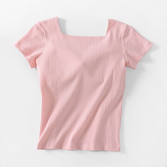 Xuyuer Women's Solid Square Neck Built-In Bra Crop Top - Fitted Short Sleeve Shirt for Modern Casual Wear and Flattering Silhouette