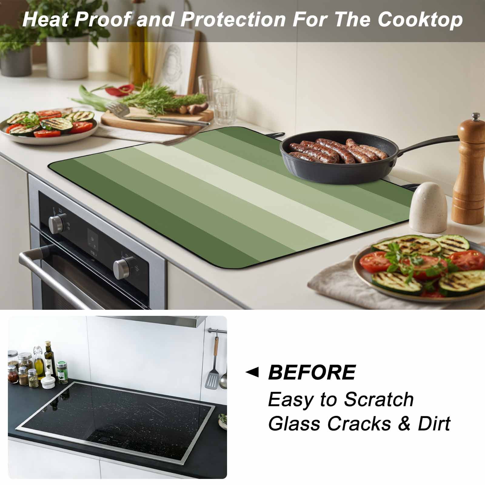 Sage Green Ombre Stove Top Cover for Electric Stove, Heat-proof & Non Slip Glass Top Stove Cover Protector, Sage Green Gradient Woods Farmhouse Kitchen Flat Cooktop Rubber Mat 28.5x20.5 Inches