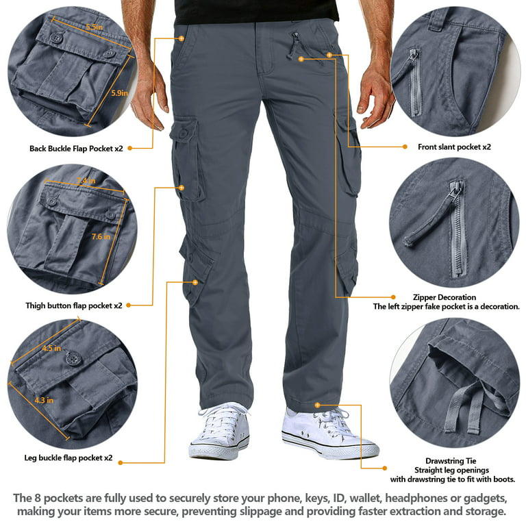 TRGPSG Men's Cargo Pants with 8 Pockets Cotton Cargo Work Pants(No  Belt),Gray 42x33 
