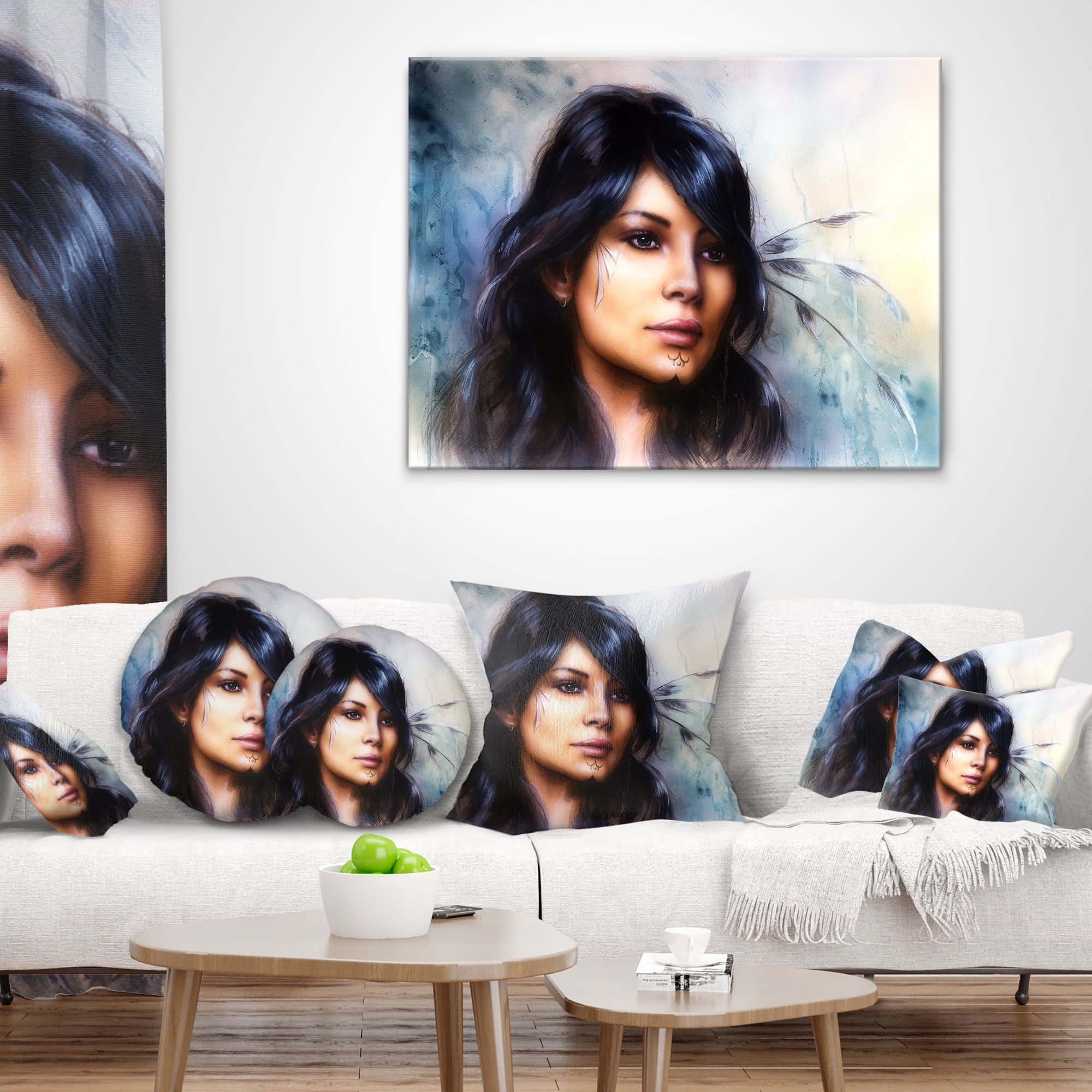 Designart Indian Woman with Ornament Tattoo - Portrait Throw Pillow - 18x18