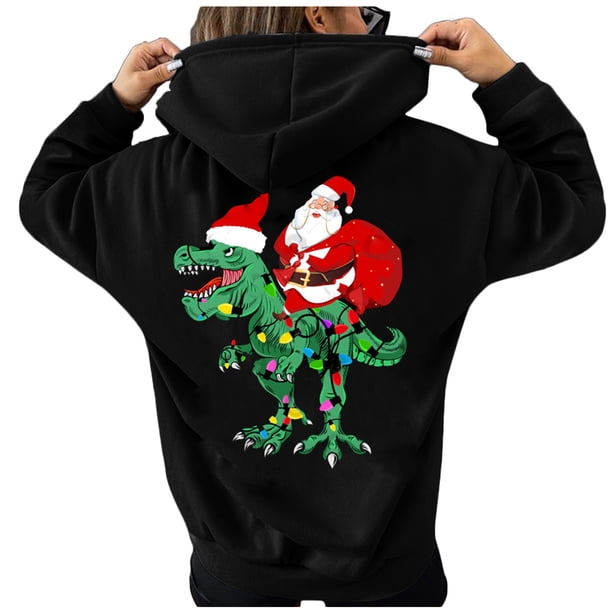 Mujer Otoño Invierno Navidad Color bloque dinosaurio linterna estampado cuello en V manga larga con capucha Tops pulóver blusa Fridja FKASFK3390