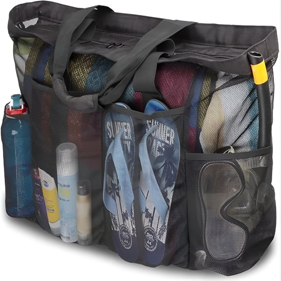 AOMRCOL Extra Large Beach Bag, Mesh Beach Bag, Xl Mesh Tote with Zipper and Pockets Ideal for Your Family Beach Trip