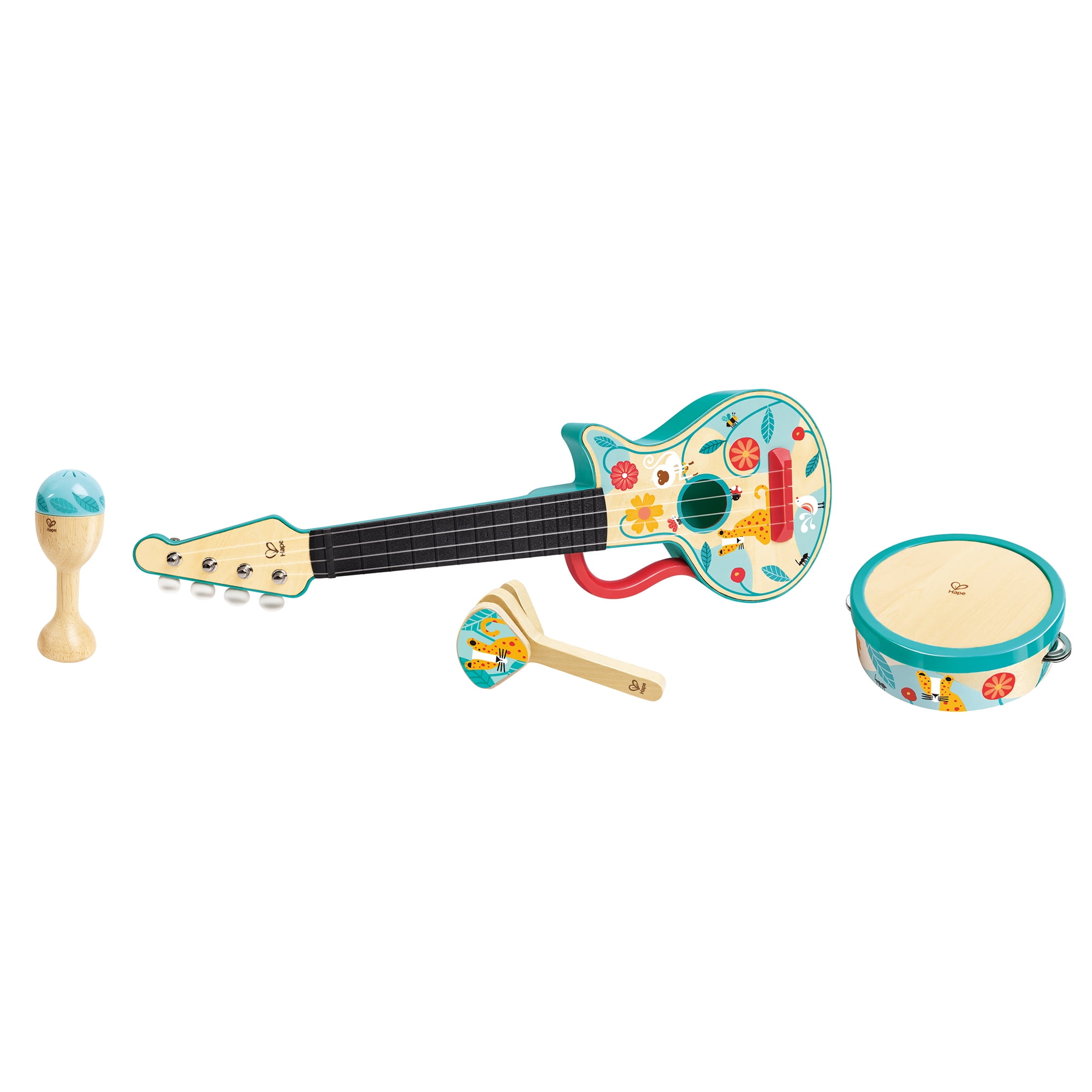 Hape: 4-In-1 Ukulele Set - 4pc Wooden Instrument Playset, Percussions Music Toys, Ukulele, Maraca, Castanet, Tambourine, Nature Design, Kids Ages 3+