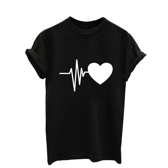HOT SALE!!Women's Loose Short Sleeve T-Shirt Heart Print Casual Simple Chic Crew Neck Daily Valentine's Day T Shirts Tee Top Fashion Loose Heart Print T-Shirt Casual O-Neck Top