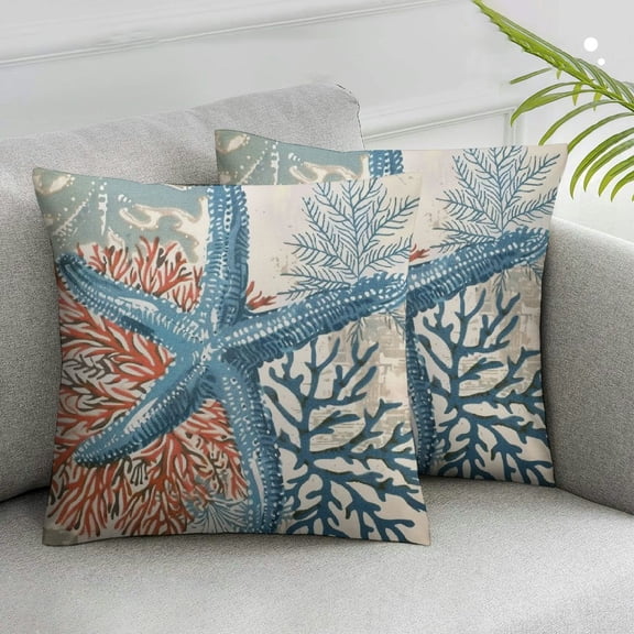 Acheng  Nautical Coastal Throw Pillow Covers Set of 2 Beach Themed Ocean Seashell Coral Starfish Couch Decorative Pillow Cases Outdoor Sofa Cushion Cover for Bedroom Living Room, Blue White