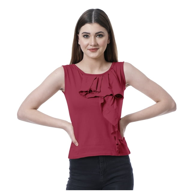 Moomaya Haut Sans Manches à Volants pour Femmes Blouse Col Rond T-Shirt Décontracté
