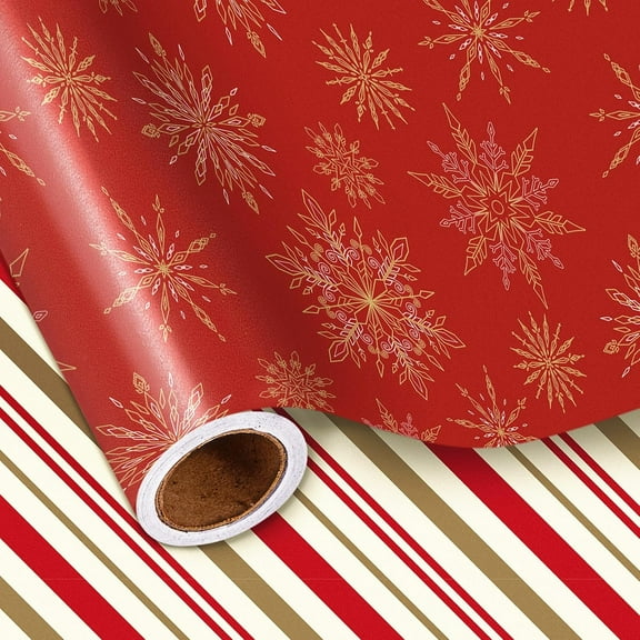 WarmHaven Red Christmas Wrapping Paper Roll, Gold Snowflakes and Holiday Stripes Reversible Elegant Design for Festive Winter Holiday, Family Gathering, for Girls, Kids, Mini Roll 17 in x 16.4 Ft