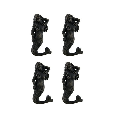 Set of 4 Faux Aged Blackened Bronze Finish Cast Iron Mermaid Wall Hooks