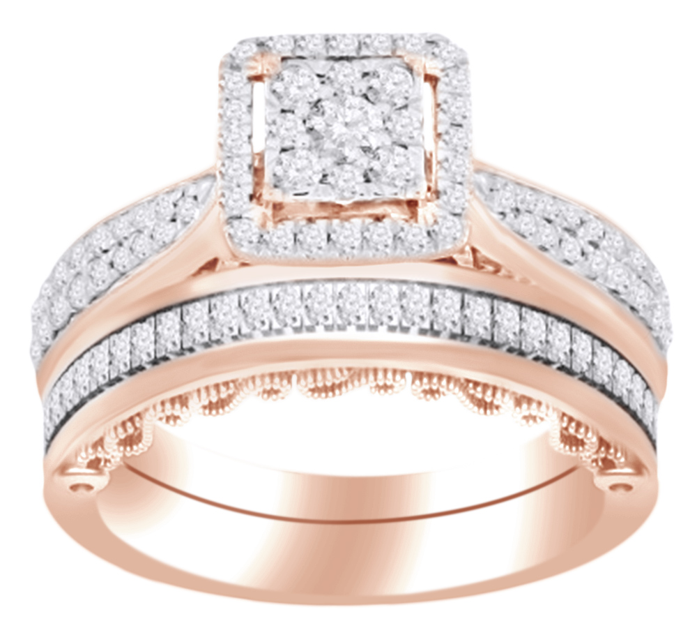 AFFY Round Cut White Diamond Bridal Engagement Ring Set 0.65 Cttw In 14K Solid Rose Gold