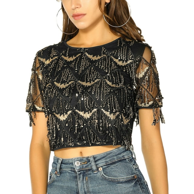 INSPIRE CHIC Women's Metallic Pattern Short Sleeves Party Crop T-Shirt L Black