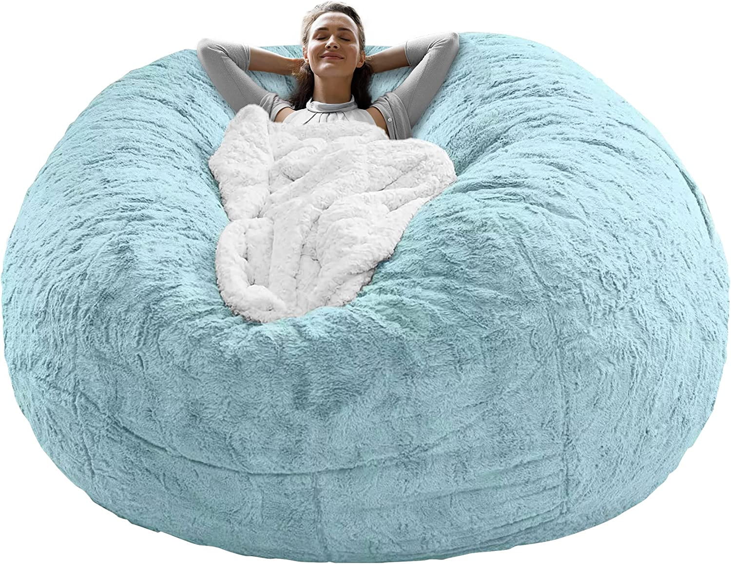 Living Room Furniture Big Round Soft Fluffy Faux Fur Beanbag Lazy Sofa Bed  Cover, (Bed Cover only, no Filler)(Snow Blue) 7ft (210cm)
