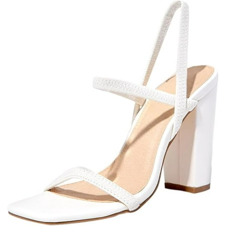 Women s Elastic Strap Chunky High Heel Sandals - Square Open Toe - Slip On Solid Color Shoes-white41