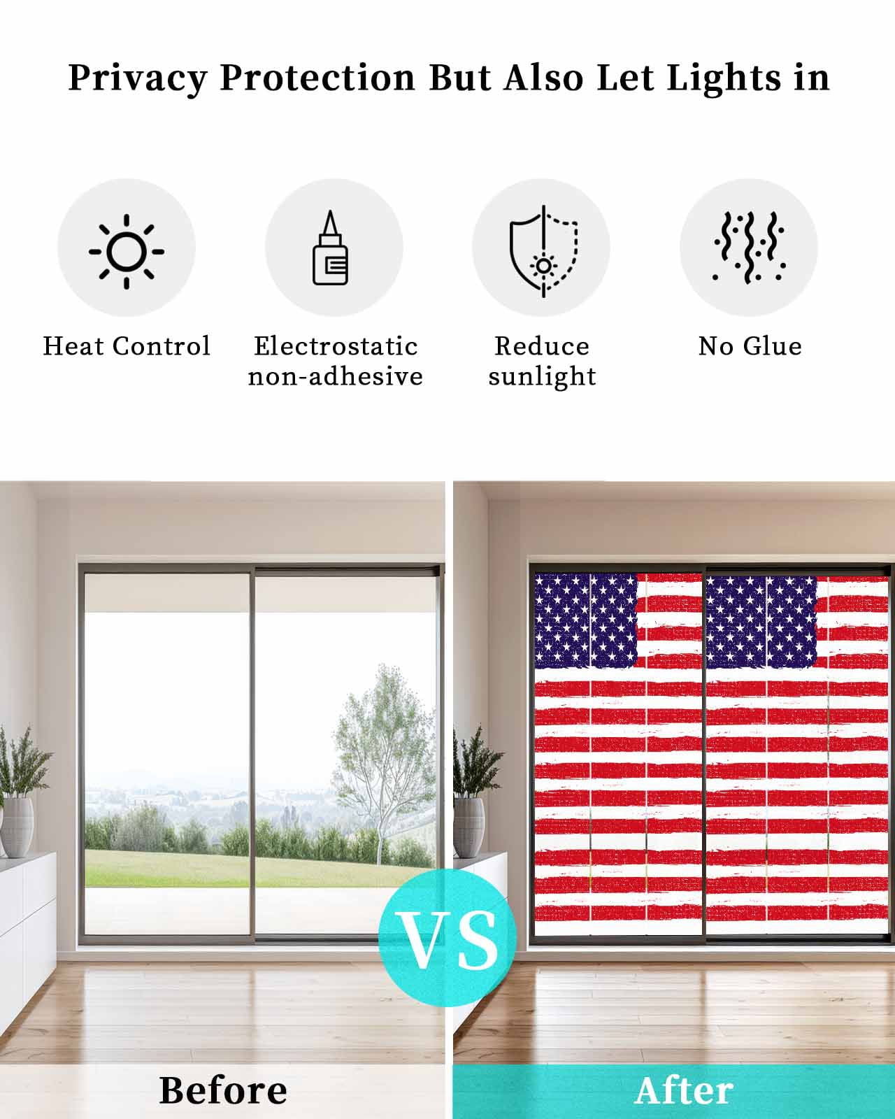 Window Privacy Film American Flag Stained Glass Window Film Decorative Sun Block Window Cover Retro Rustic Stars And Stripes US Flag Window Clings Static Adhesive Sticker for Bathroom 23.6"x59"