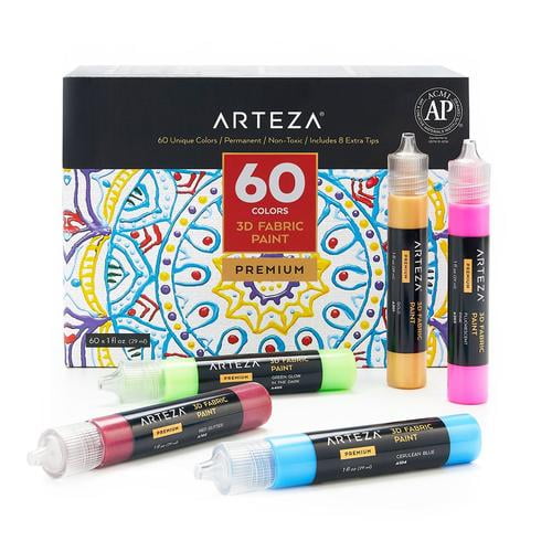 Arteza 3D Fabric Paint, Set of 60, Metallic & Glitter Colors, 1oz Tubes