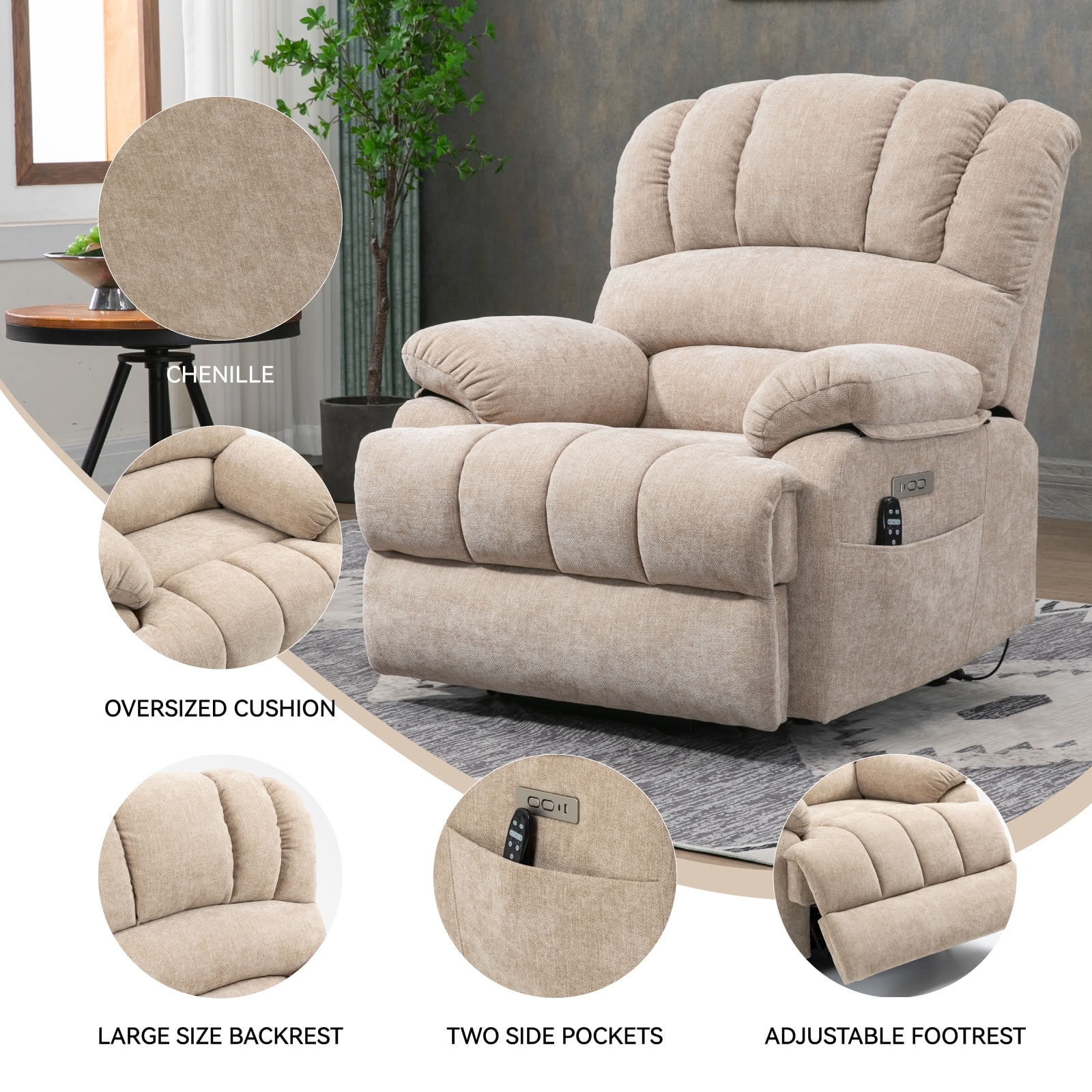 MAYEERTY Oversized Power Lift Recliner Chair, Chenille Electric Lift Chair with 8-Point Vibration Massage & Lumbar Heat, USB Port, for Living Room Elderly