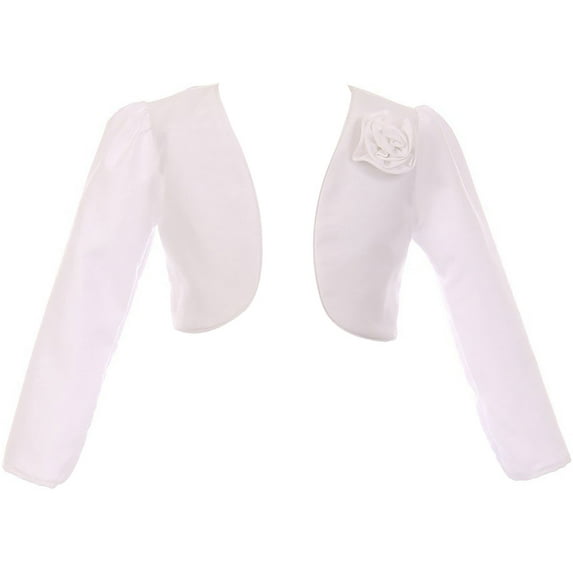 Big Girls' Rosette Satin Long Sleeve Flower Girl Bolero Jacket Cover Shrug USA White 8 (K409D)